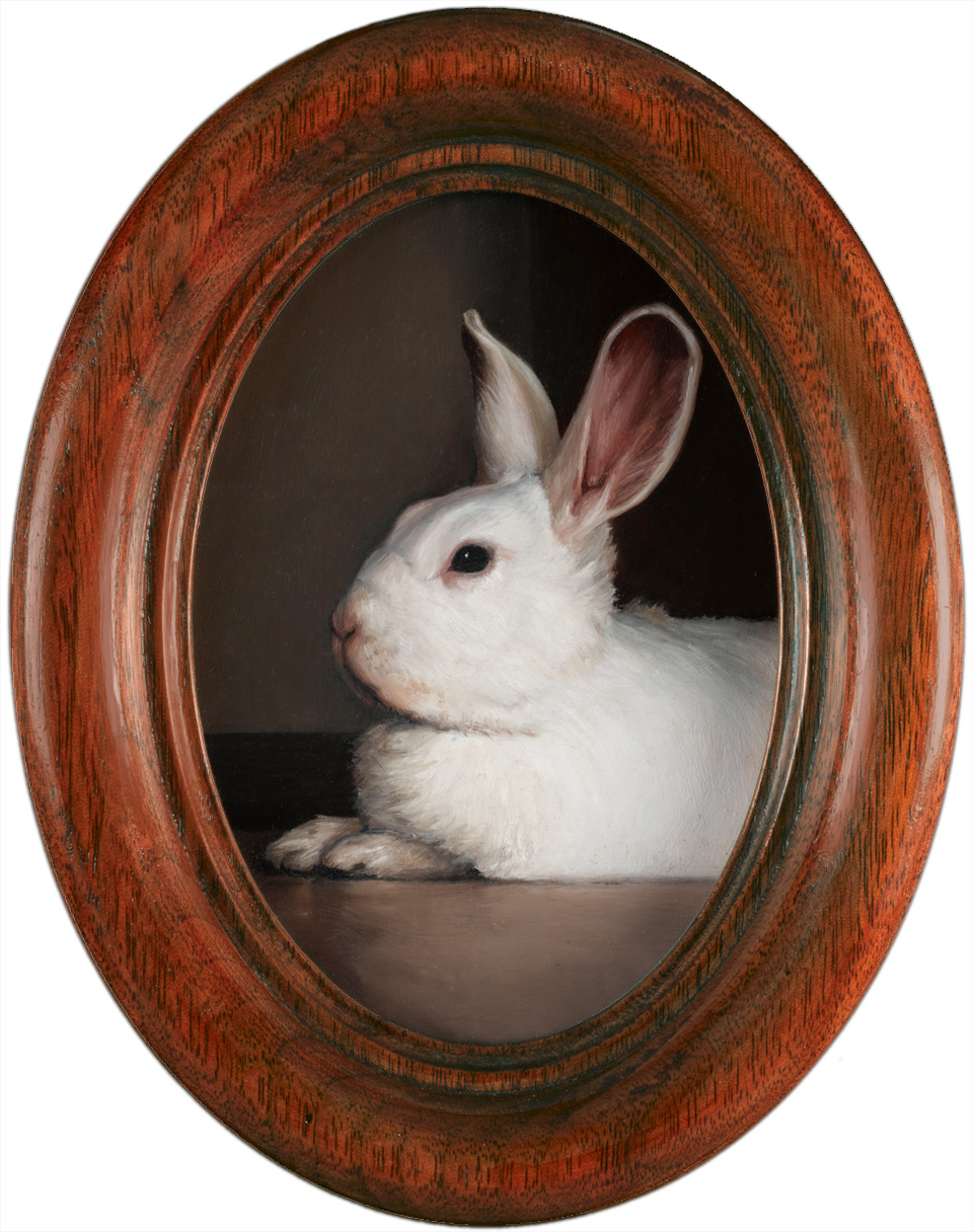 Rabbit miniature oil paintin on aluminumg by Rebecca Luncan