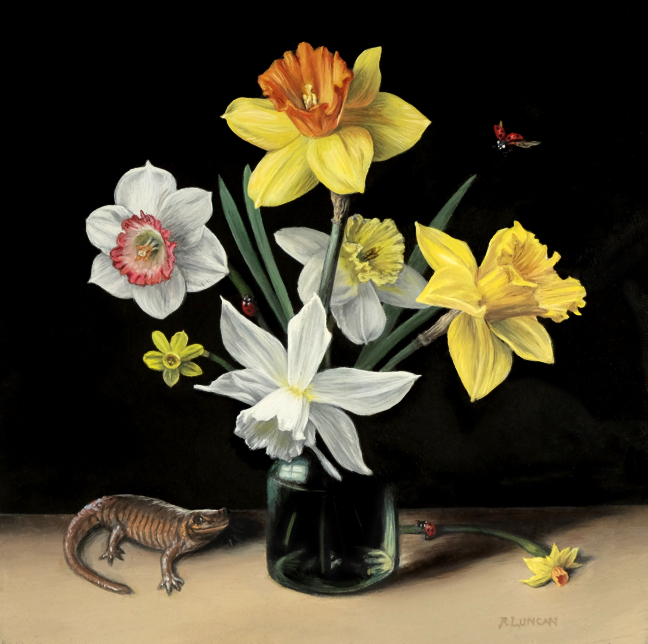oil painting, still life of daffodils, salamander and ladybugs on copper by Rebecca Luncan