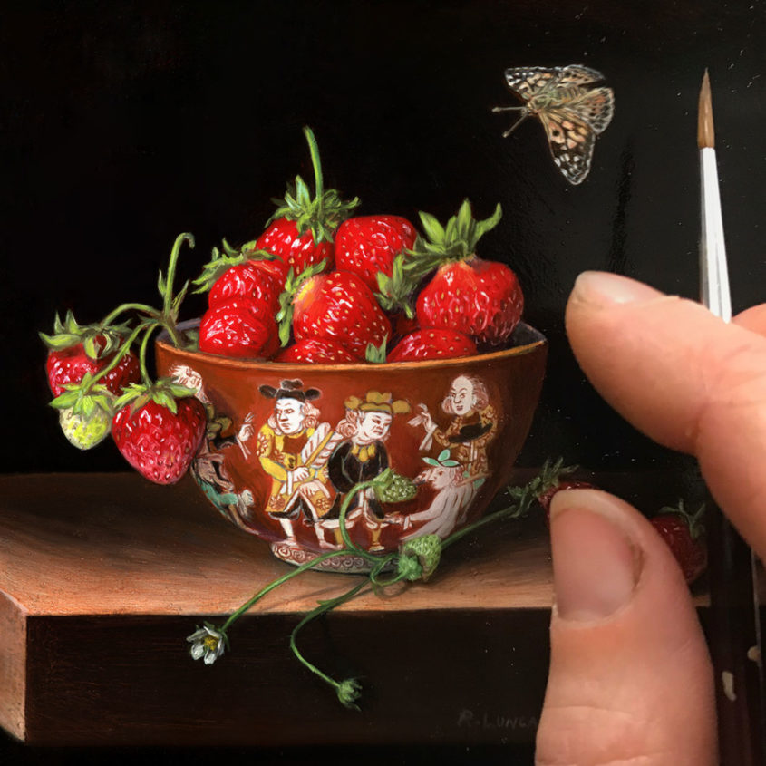 Detail of Miniature oil painting of strawberries and Japanese porcelain on copper by Rebecca Luncan, 5" x 5"