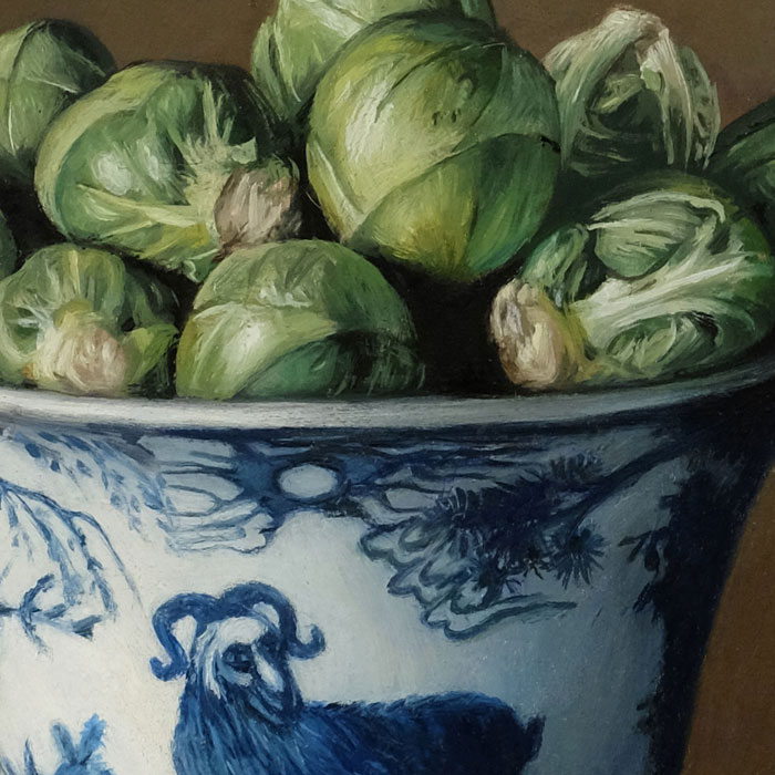 Brussels Sprouts and Porcelain Bowl detail still life painting oil on copper by Rebecca Luncan