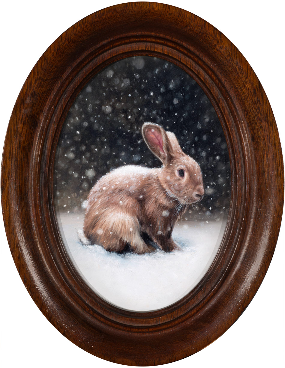 Snow Rabbit oil painting miniature by Rebecca Luncan