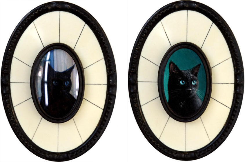 Portrait of a Black Cat, First and final versions, oil on aluminum framed in an antique celluloid and brass frame, 1.5" x 1" (unframed)
