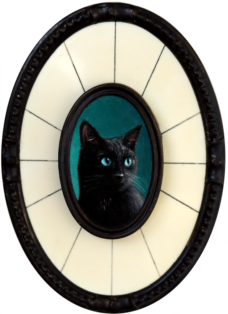 Portrait of a Black Cat, oil on aluminum, 1.5" x 1" (unframed), by Rebecca Luncan