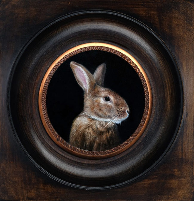 Portrait of a brown rabbit, miniature oil painting on copper by Rebecca Luncan