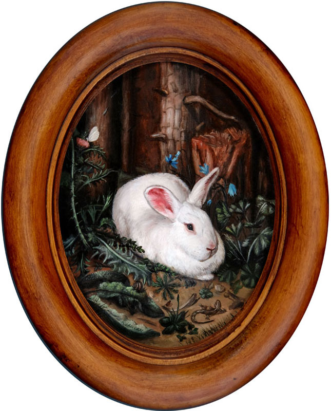 Miniature rabbit painting, A Rabbit in the Forest, after Hans Hoffmann. oil on aluminum by Rebecca Luncan 