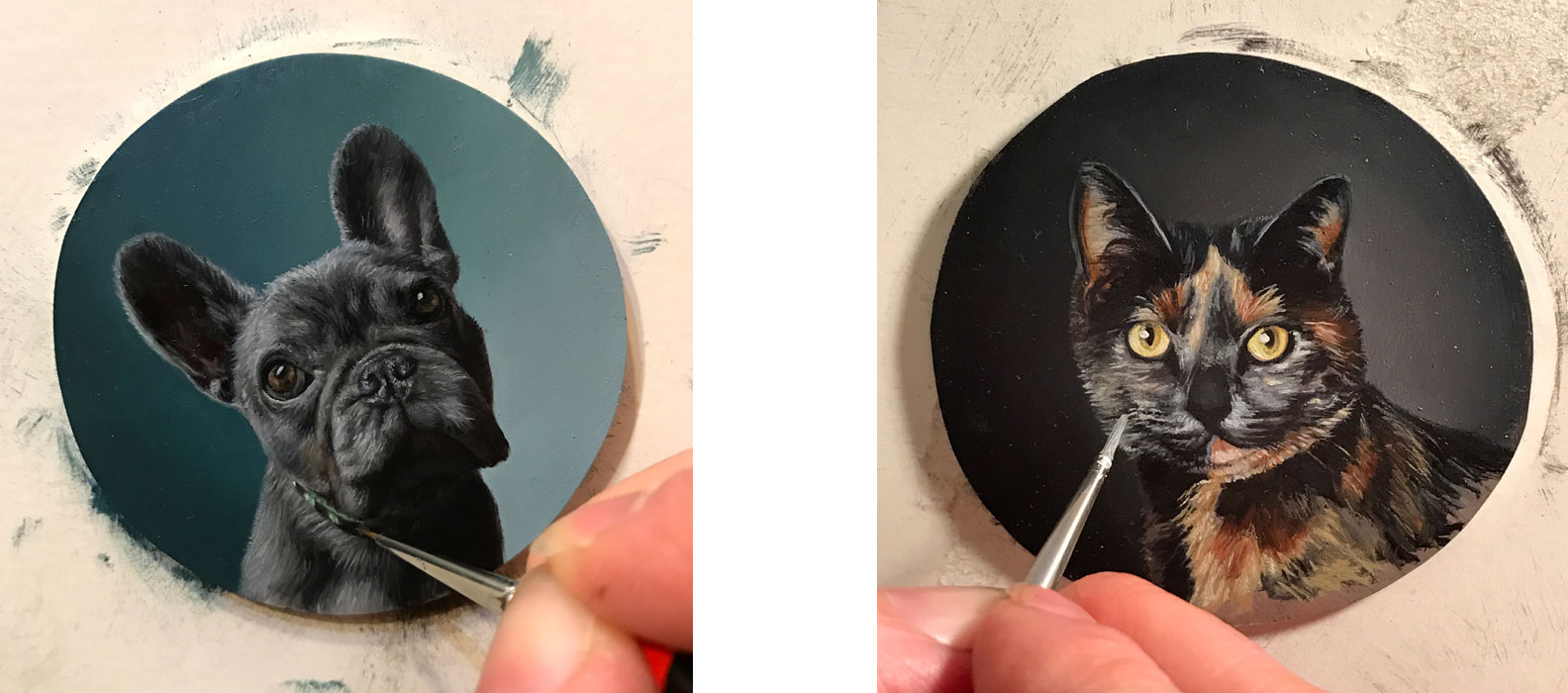 French bulldog and Cat miniature portrait paintings in progress by Rebecca Luncan
