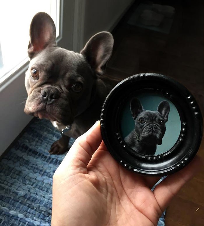 French Bulldog portrait painting miniature by Rebecca Luncan