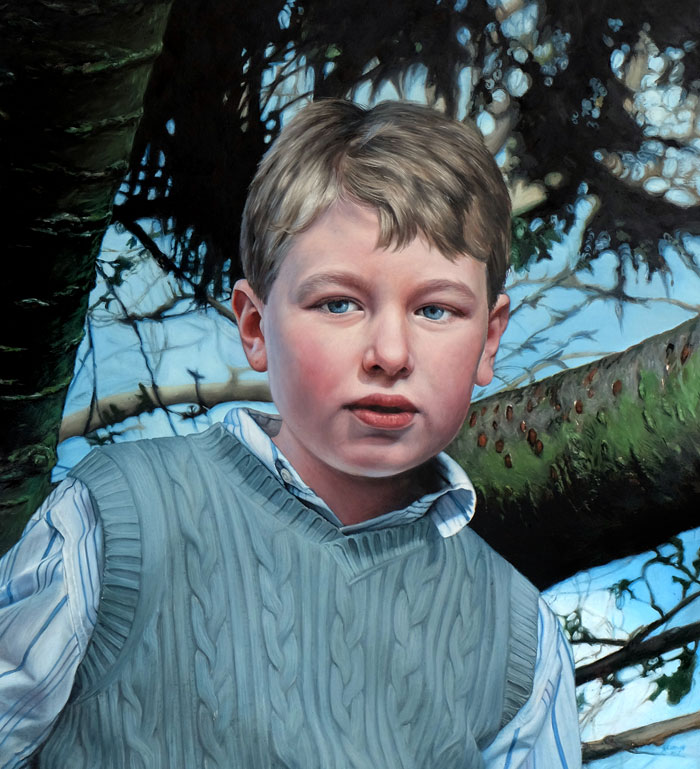 Portrait commission painting of child with detailed background by Rebecca Luncan