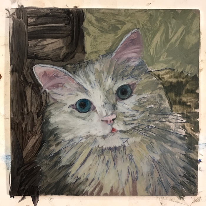 pet portrait painting of cat in progress by Rebecca Luncan