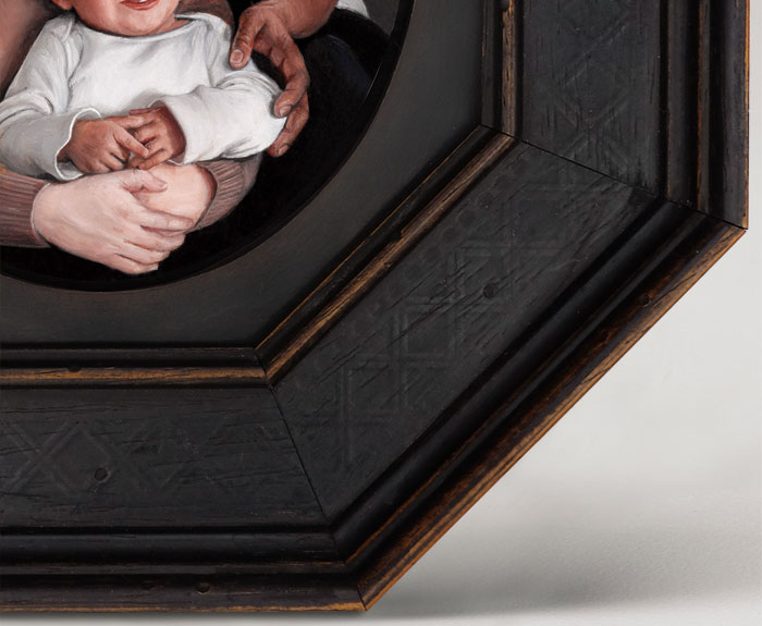 Detail of hands, Family portrait painting in miniature, oil on aluminum by Rebecca Luncan