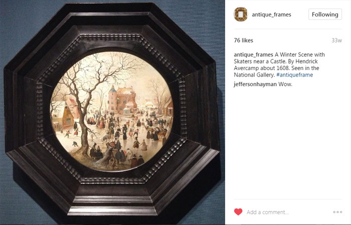 antique_frames Instagram post, A Winter Scene with Skaters near a Castle. By Hendrick Avercamp about 1608. Seen in the National Gallery. #antiqueframe