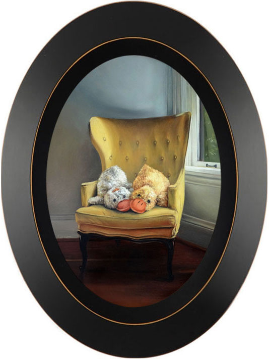 Duck stuffed animals in yellow chair oil painting