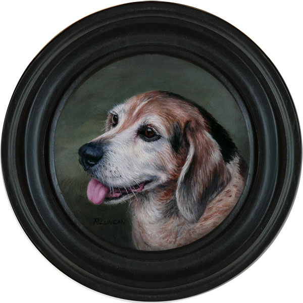 Beagle Hound Dog Pet portrait painting in an Antique Frame by Rebecca Luncan