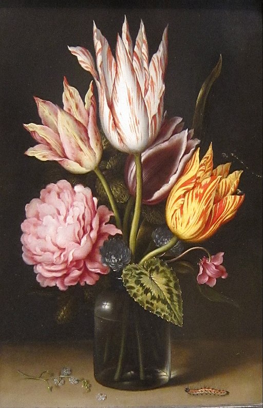 Ambrosius Bosschaert (1573–1621), Still Life with Bouquet of Tulips, a Rose, Clover, and Cyclamen in a Green Glass Bottle, oil on copper