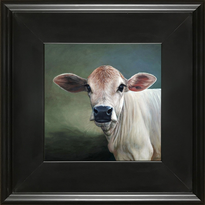 Oil painting portrait of cow (Cheryl) on green background