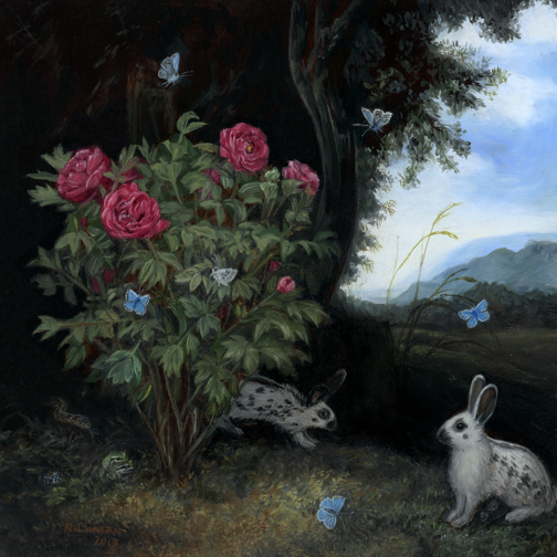 Miniature forest floor still life painting with butterflies and rabbits by Rebecca Luncan