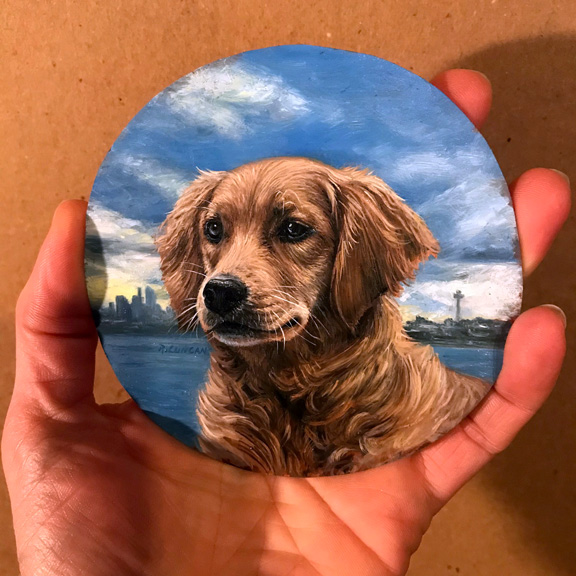 golden retriever portrait painting miniature by Rebecca Luncan