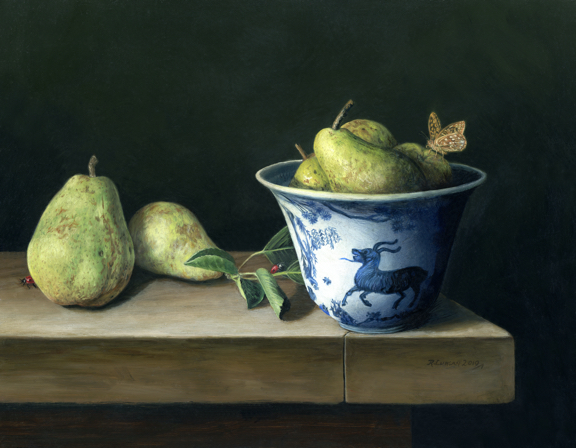 "Pears and Japanese Porcelain", contempacorary realism still life oil painting on aluminum by Rebecca Luncan