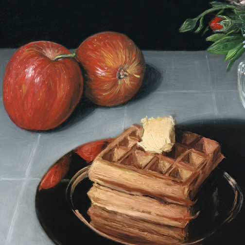 Waffles, apples and dragonfly still life painting detail