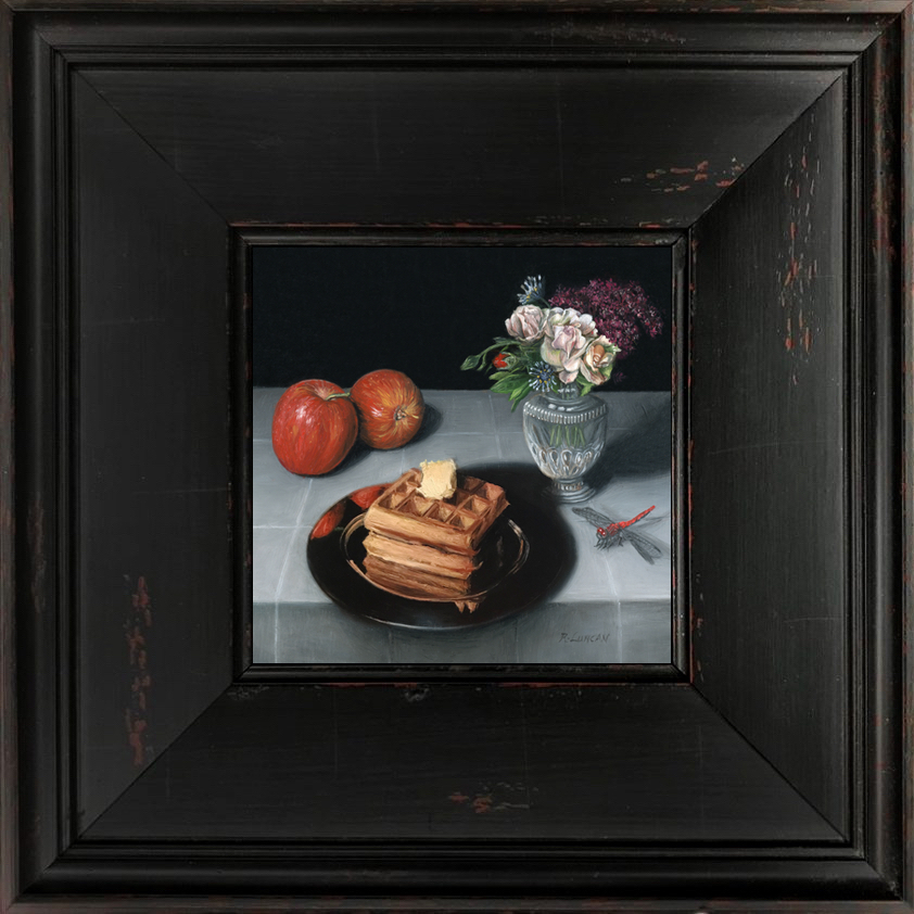Waffles, apples and dragonfly Miniature still life paintingby Rebecca Luncan