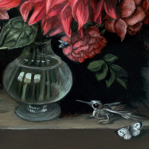 Detail of Miniature Vanitas with Flowers, hummingbird skeleton and Butterflies oil painting by Rebecca Luncan