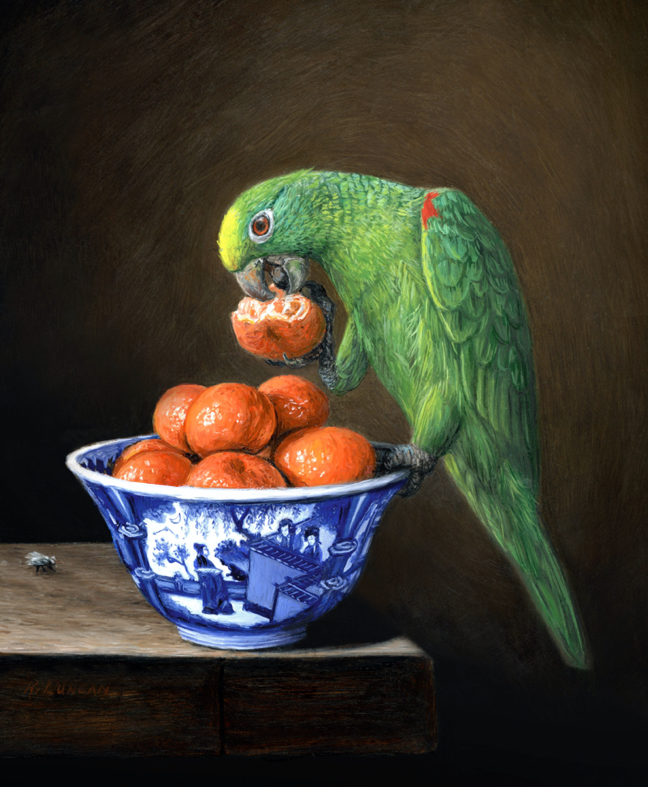 oil painting miniature still life of parrot oranges and chinese porcelain depicting a scene from the West Chamber by Rebecca Luncan