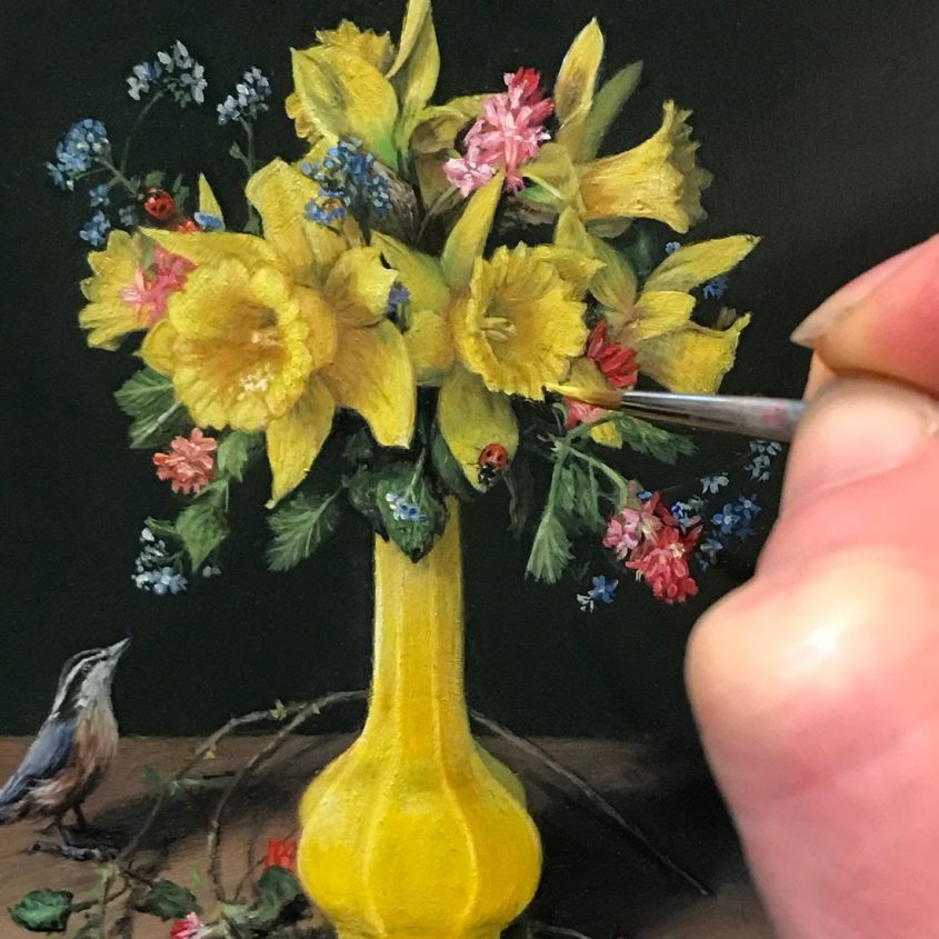 Daffodils Spring Flowers miniature still life painting by Rebecca Luncan