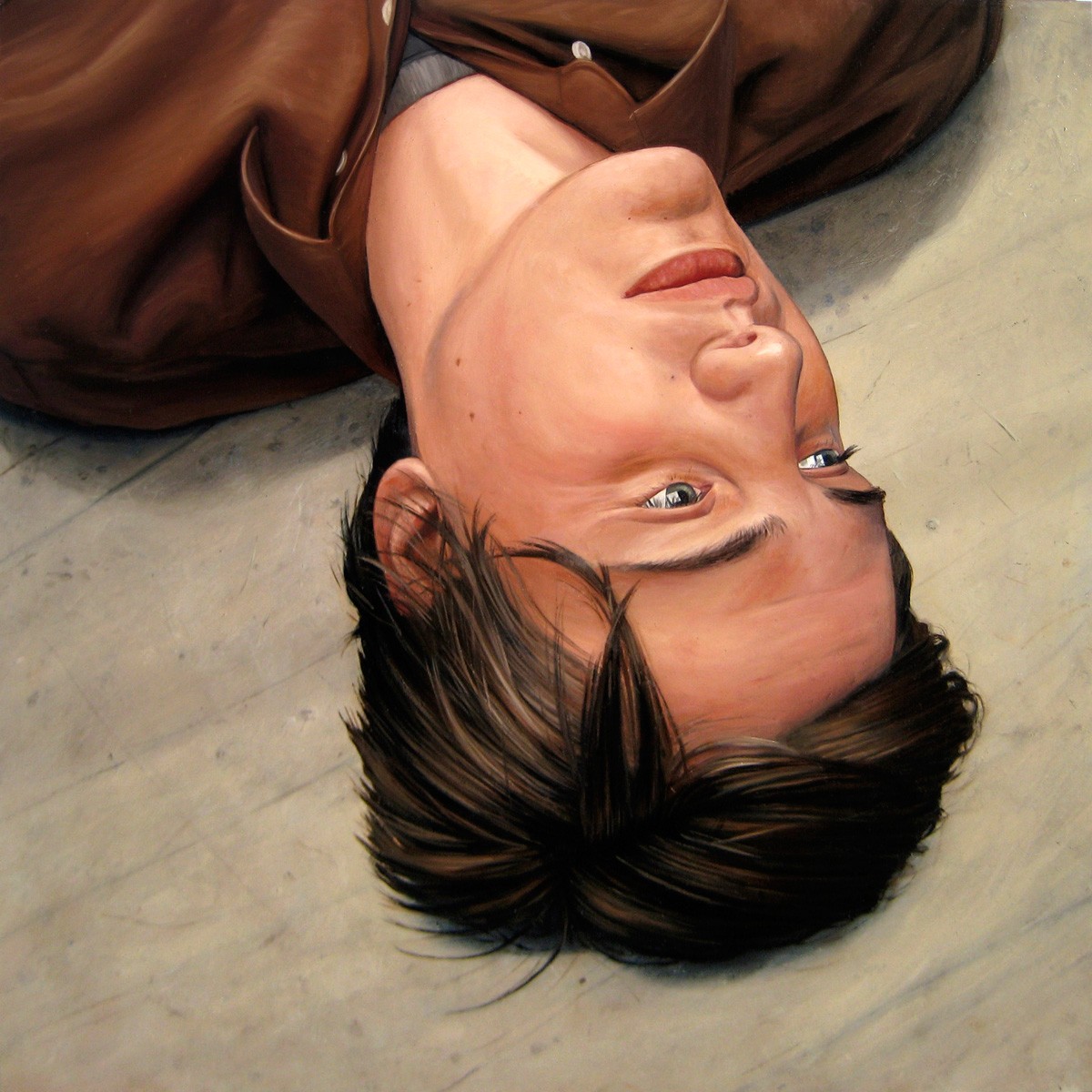  bPortrait Painting of man lying on concrete By Rebecca Luncan, oil on aluminum