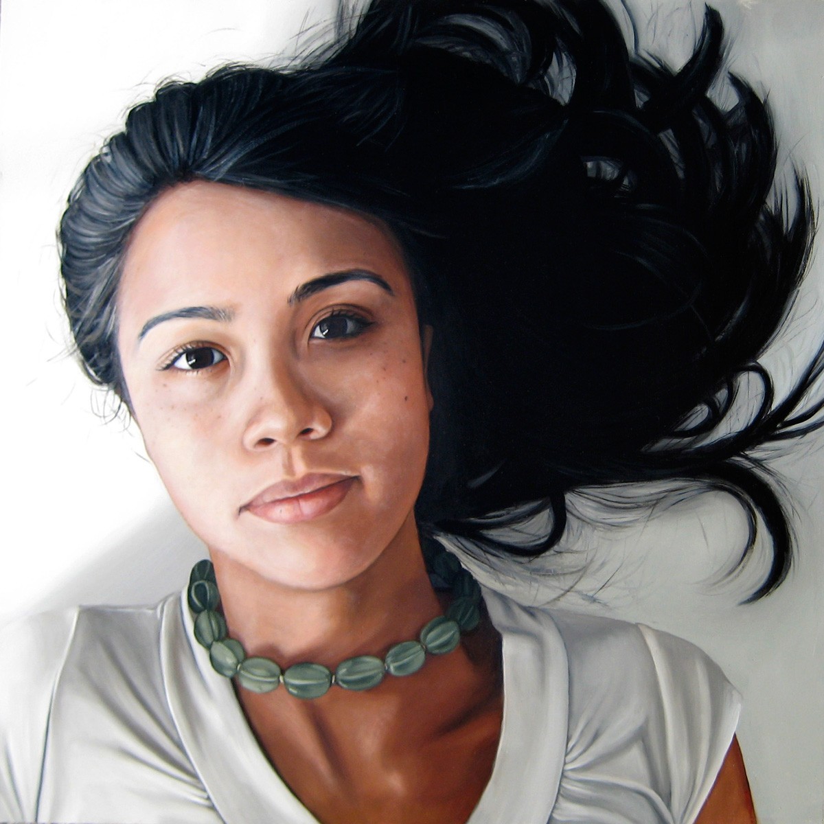 Portrait Painting of woman lying on White By Rebecca Luncan, oil on aluminum