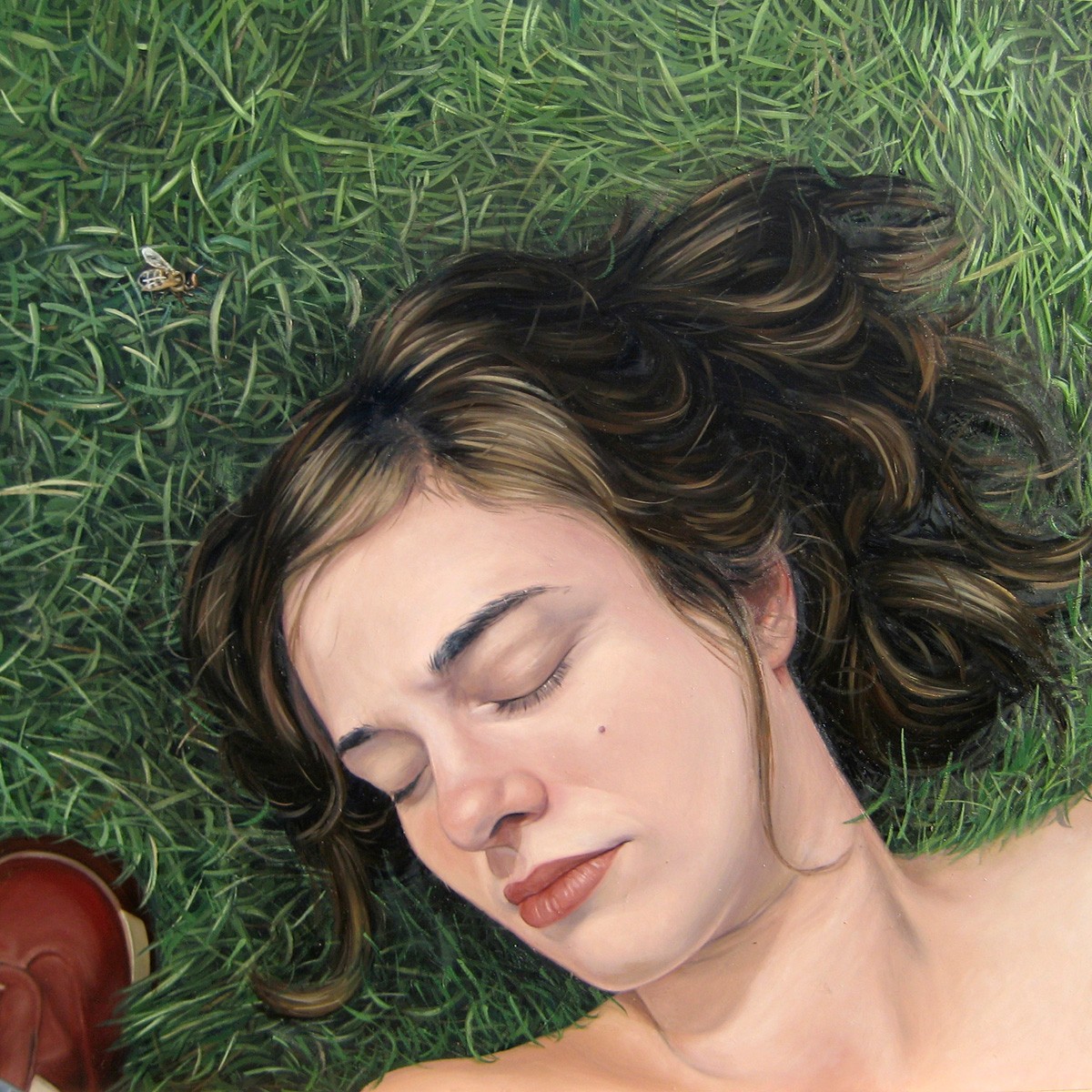 Portrait Painting of woman lying on grass By Rebecca Luncan, oil on aluminum