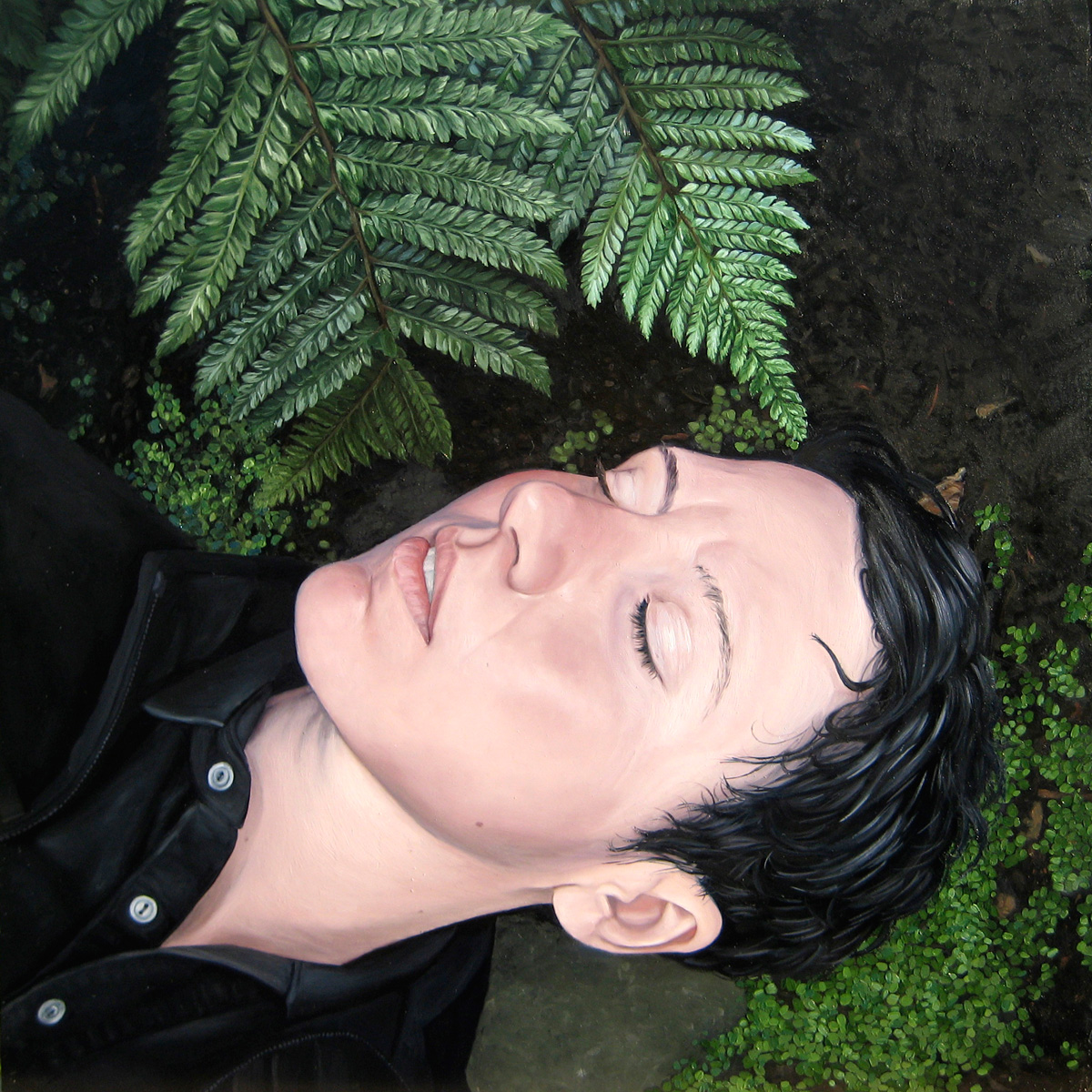 Portrait Painting of woman lying with ferns  By Rebecca Luncan, oil on aluminum