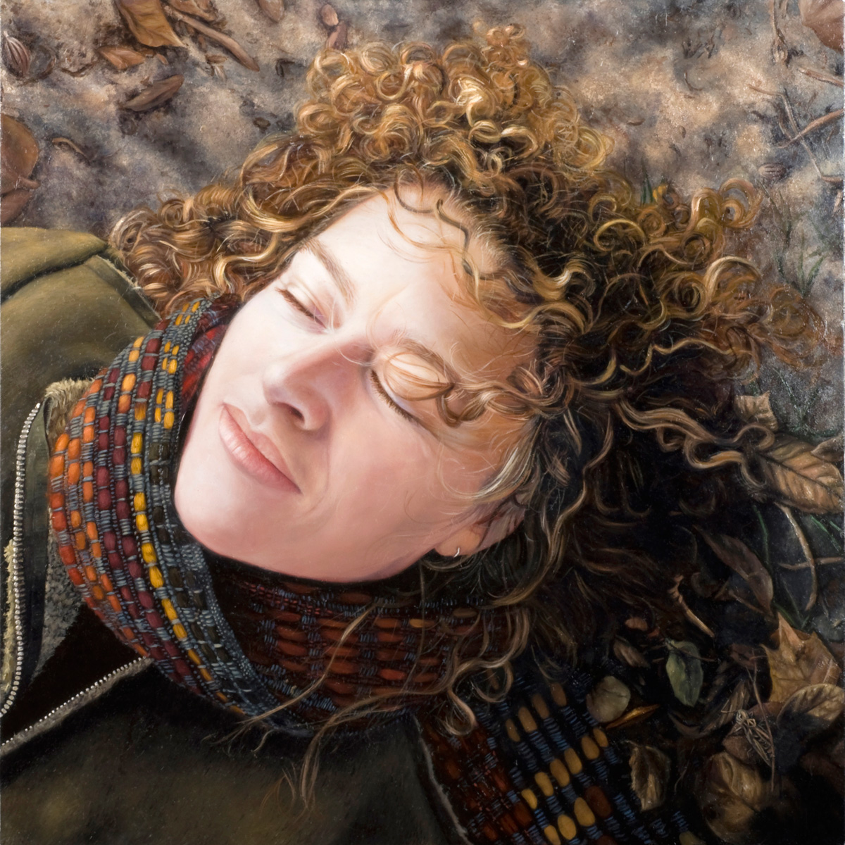 Portrait Painting of woman lying on Blue By Rebecca Luncan, oil on aluminum