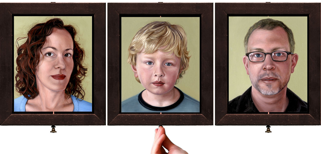 Family portrait three sided oil painting on copper by Rebecca Luncan
