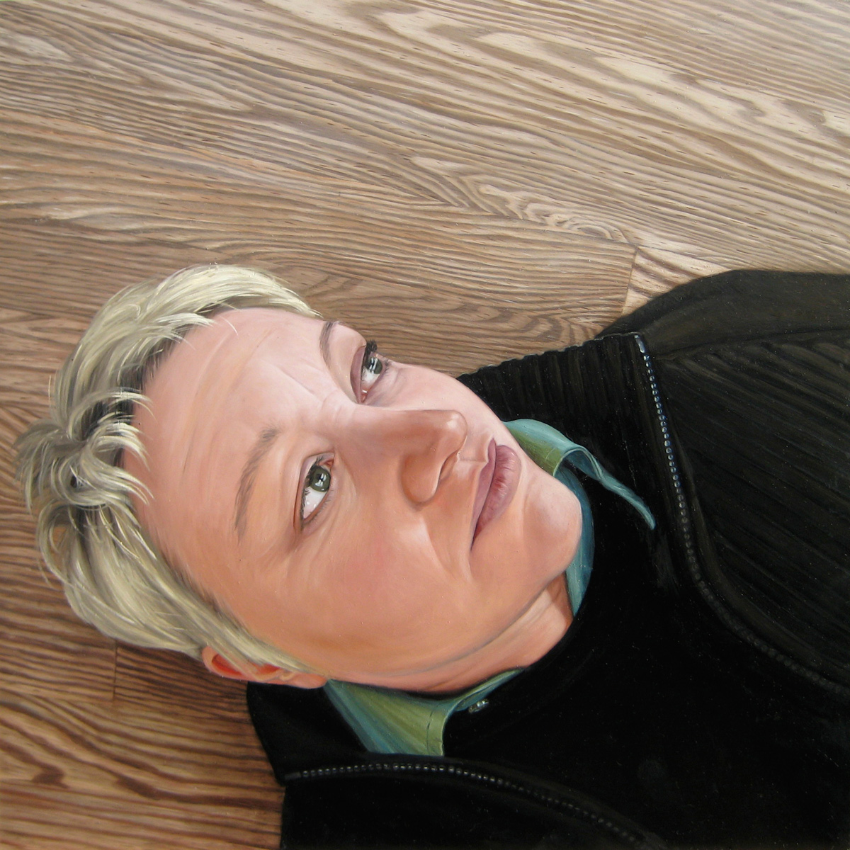 Portrait Painting of woman lying on Blue By Rebecca Luncan, oil on aluminum