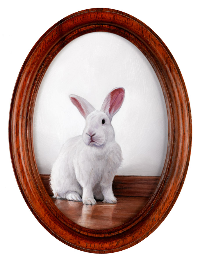 Miniature White rabbit oil painting Rebecca Luncan