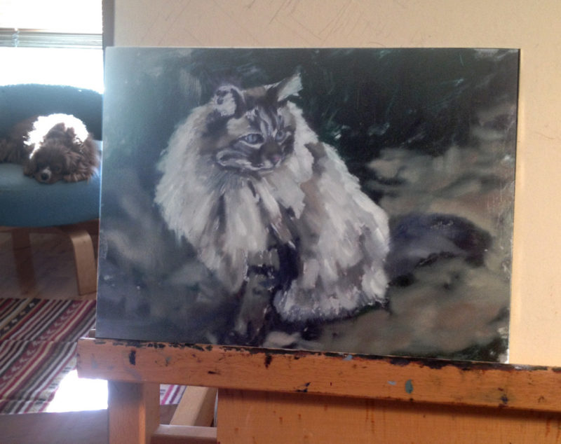 Pet Portrait cat painting in-progress by Seattle artist Rebecca Luncan