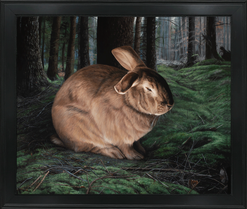 Return to the Wild, rabbit painting, 30" x 36", oil on aluminum, by Rebecca Luncan