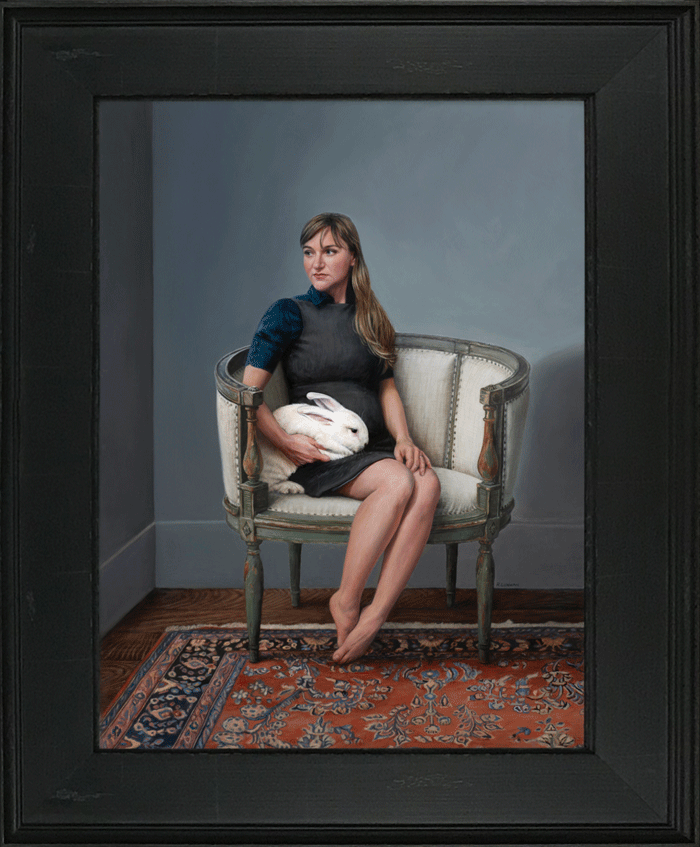 Self Portrait - Expecting, figurative oil painting 16" x 12", oil on aluminum by Rebecca Luncan