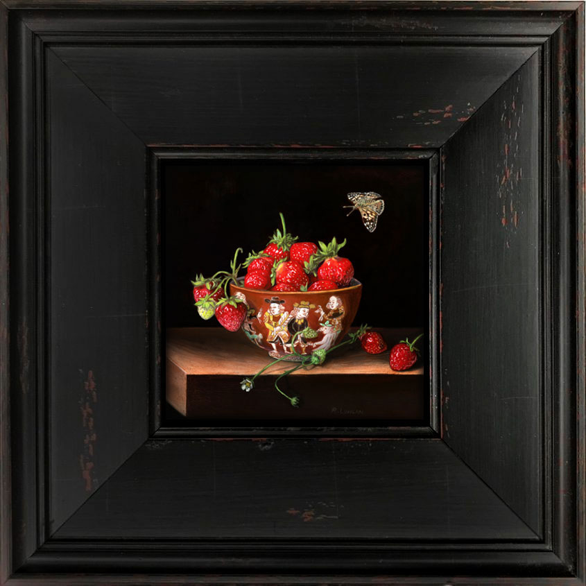 Miniature oil painting of strawberries and Japanese porcelain on copper by Rebecca Luncan, 5" x 5"