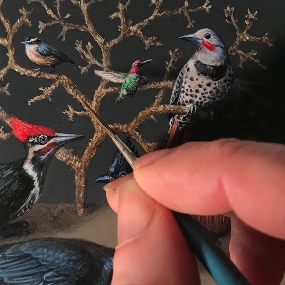 Detail of Miniature oil painting of birds on copper by Rebecca Luncan, 5" x 5"