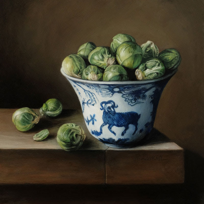 Brussels Sprouts and Porcelain Bowl still life painting oil on copper by Rebecca Luncan