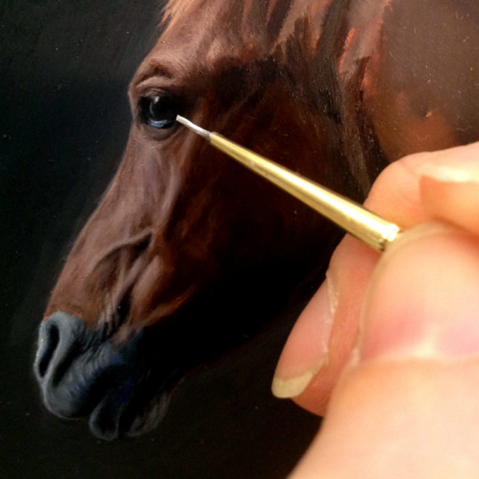 Quarter Horse Portrait in progress, oil on copper by Rebecca Luncan