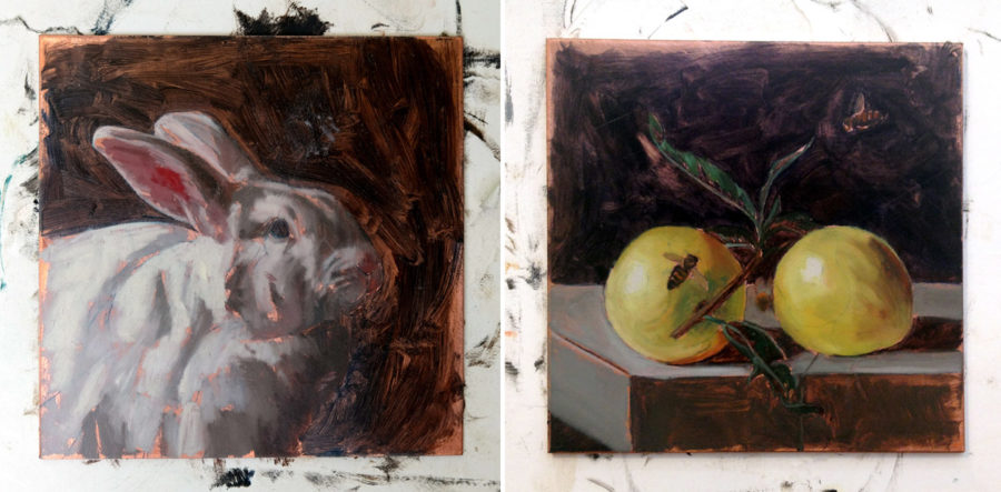 Works In Progress, Monthly Miniatures Rabbit and Honey Bees, oil on copper, 4" x 4" each