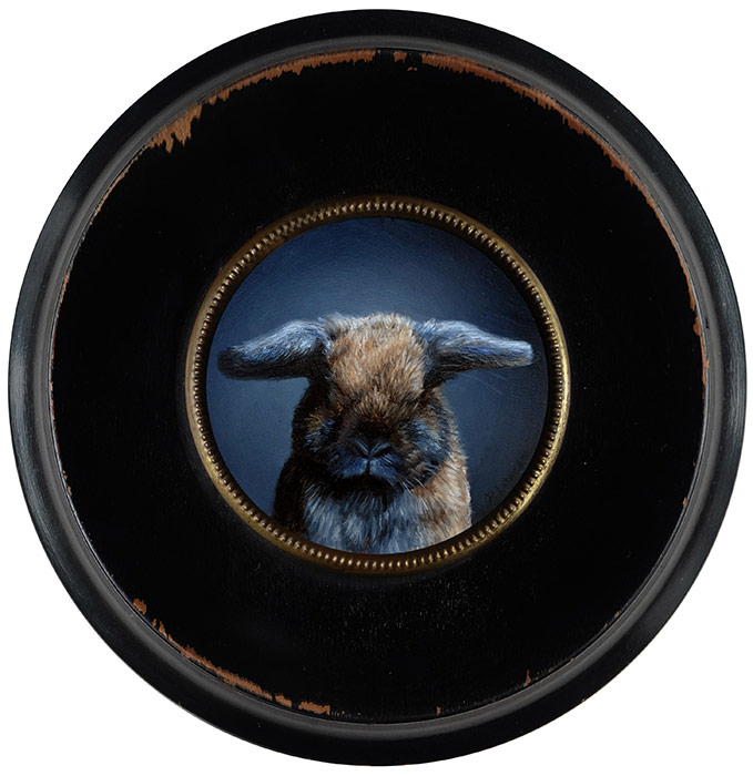 Painting of a rabbit, miniature oil portrait on aluminum by Rebecca Luncan