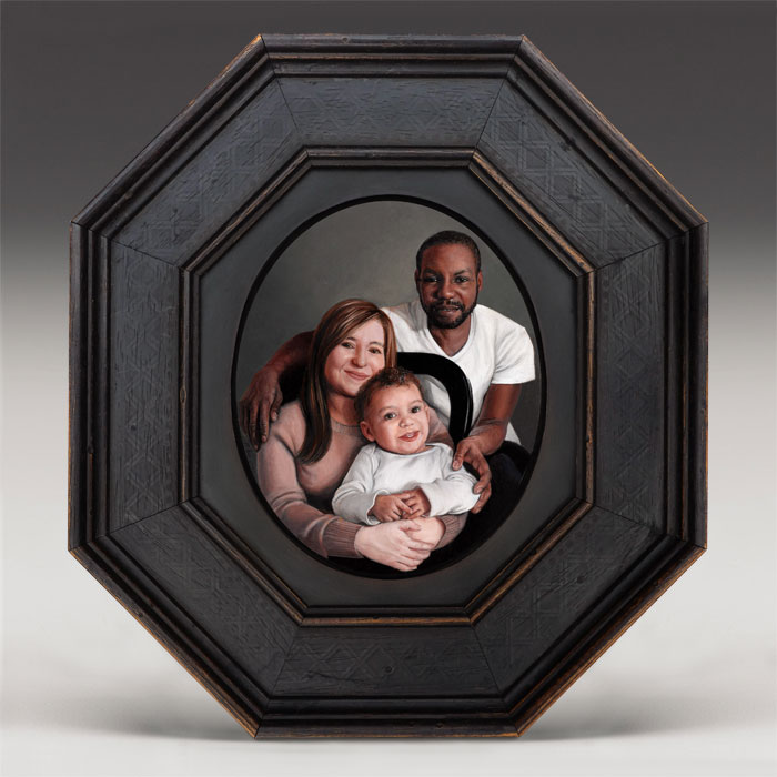 Family portrait painting in miniature, oil on aluminum by Rebecca Luncan