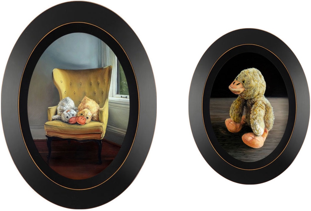 Commissioned Paintings of Toys, duck stuffed animal oil paintings by Rebecca Luncan
