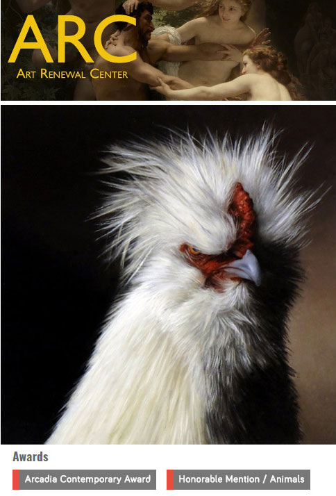 Award winning silkie chicken painting by Rebecca Luncan, "Admiral Vox", oil painting on aluminum