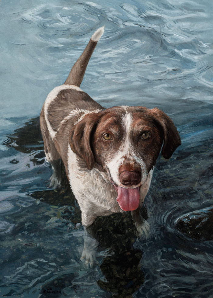 Dog in water oil painting pet portrait by Rebecca Luncan