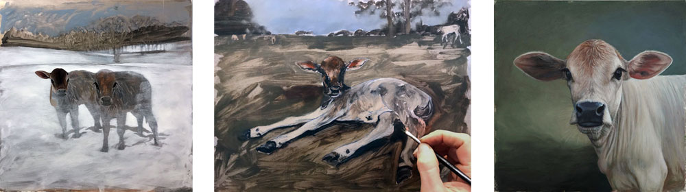 Artist Rebecca Luncan painting cows for an upcoming exhibition. Three works in progress, oil on aluminum