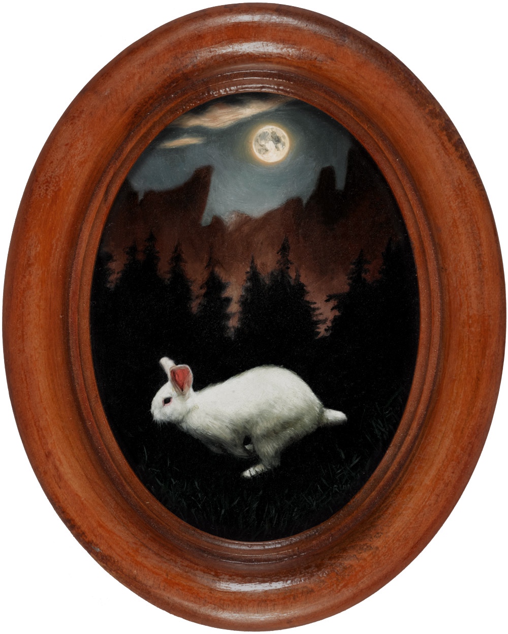 Moon Rabbit, miniature oil painting of white rabbit by Rebecca Luncan